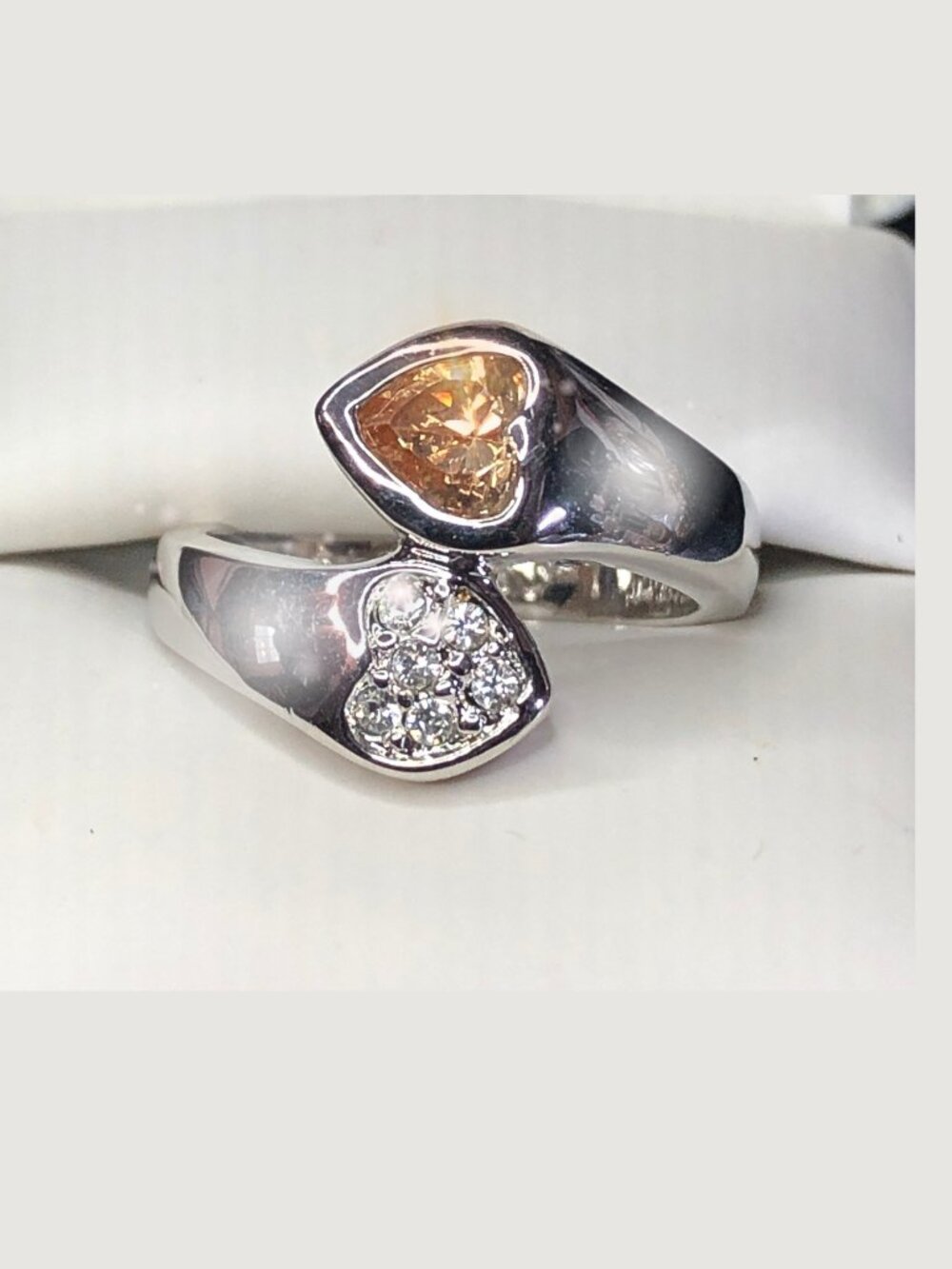 Silver Champagne CZ Heart Wrap Ring Fashion Designer Camille Lucie France S 8 &9